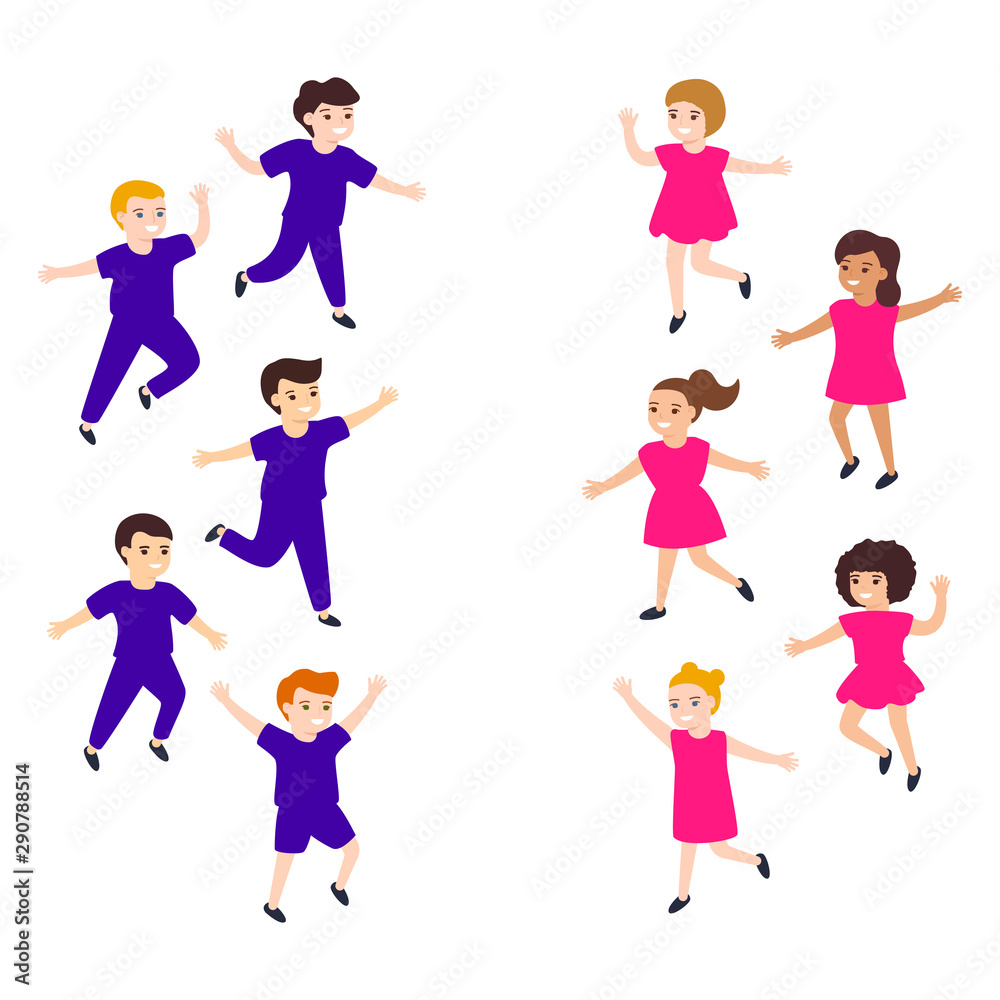 Separate groups happy children girls and boys. Two same-sex teams, competition, contest, comparison. Cute diverse kids. Vector illustration