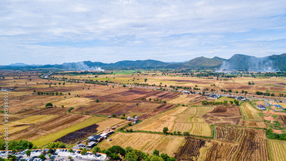 Fototapeta premium Aerial view of Tiger Cave Temple (Wat Tham Sua) in Kanchanaburi, Thailand. Tiger cave Temple of mountain in Kanchanaburi, Thailand.