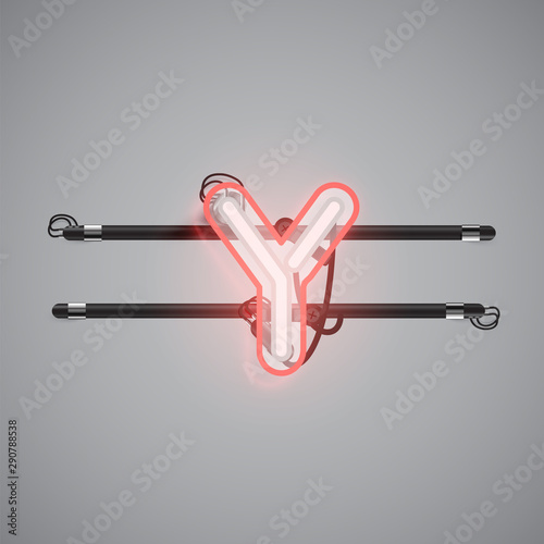 Realistic glowing double neon charcter from a fontset, vector illustration