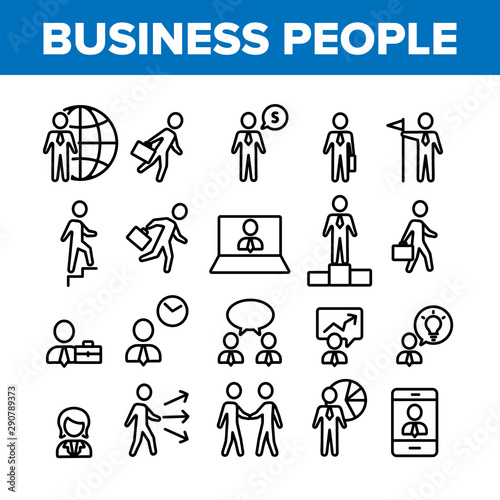 Business People Leader Collection Icons Set Vector Thin Line. Running Man Silhouette And Business Trip, Discussion And Conference Concept Linear Pictograms. Monochrome Contour Illustrations