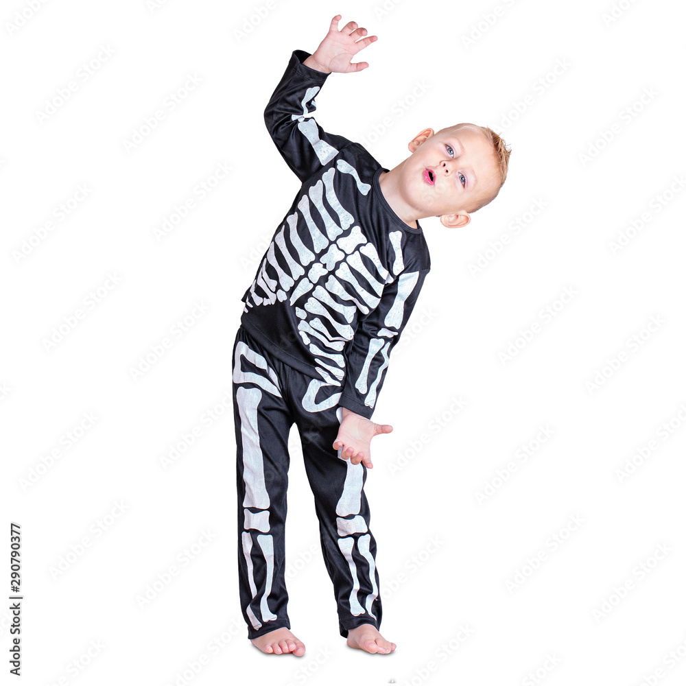 Young boy in a black skeleton costume Young boy in a black skeleton costume