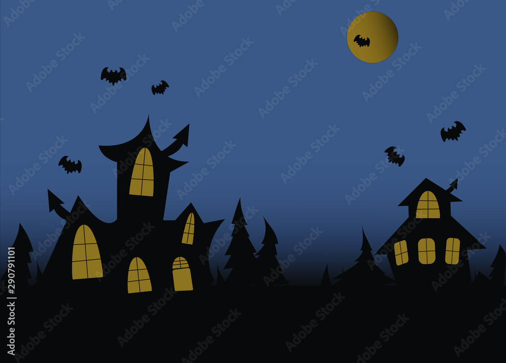 halloween night background with castle and bats