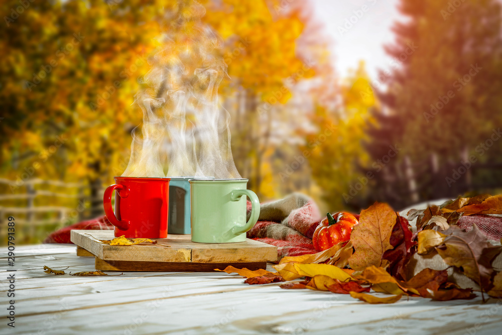 Autumn background with white wooden table board and mug on it. Blurred colourful trees view in distance.