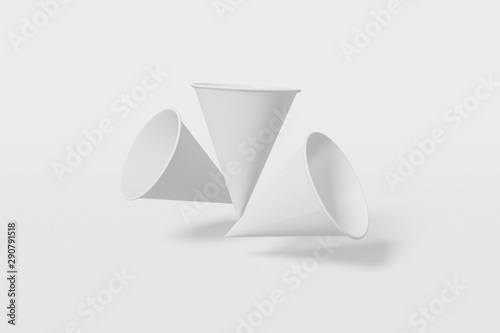Set of three white paper mockup cups cone shaped fly on a white background. 3D rendering
