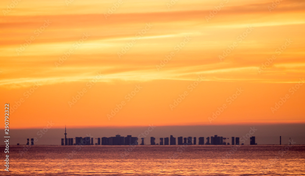 Ontario Lake at Sunset and Toronto City Silhouette in the Distance