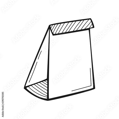 Hand drawn Paper Bag isolated on a white. Lunch. Sketch. Vector illustration.