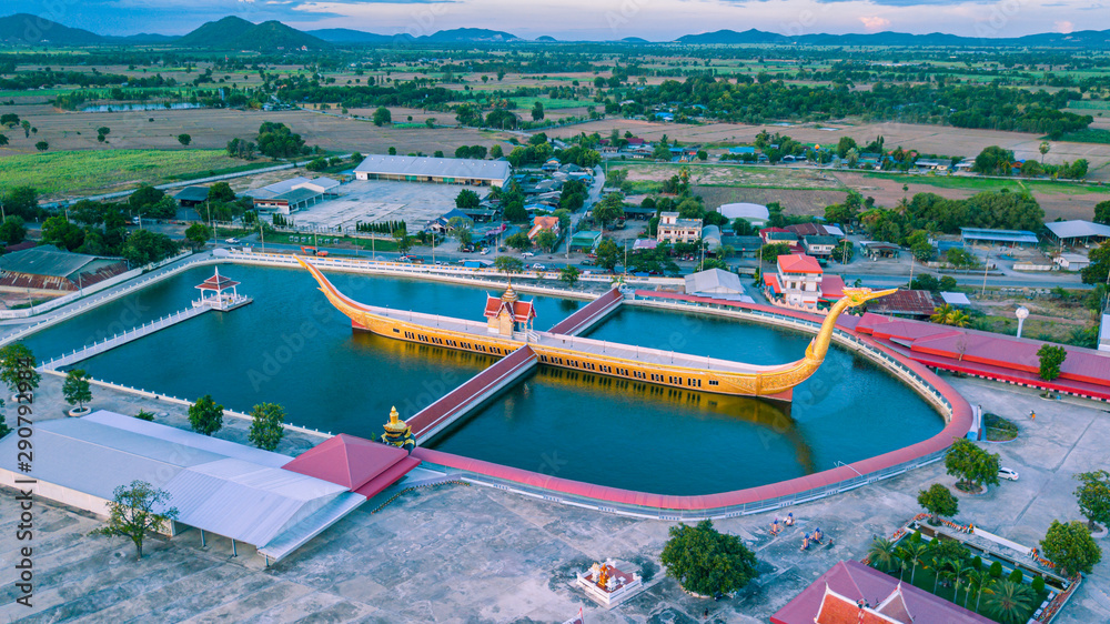 Aerial view of Wat Sra Long-Ruea located at Kanchanaburi province, Thailand