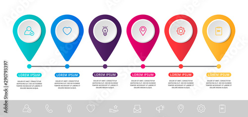 Vector modern infographic flat template pin for six paper label, diagram, graph, presentation. Business concept with 6 options and marks. Blank space for content, step for step, timeline, workflow
