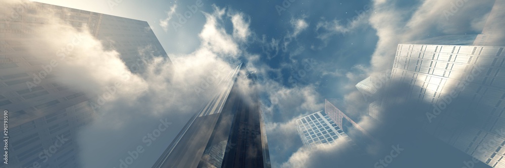 Beautiful clouds with skyscrapers. Modern buildings in the clouds. 3d rendering. - obrazy, fototapety, plakaty 
