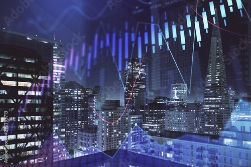 Wallpaper Mural Financial graph on night city scape with tall buildings background multi exposure. Analysis concept. Torontodigital.ca