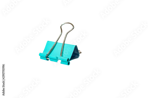 Light blue binder paper clip isolated on white background with clipping path
