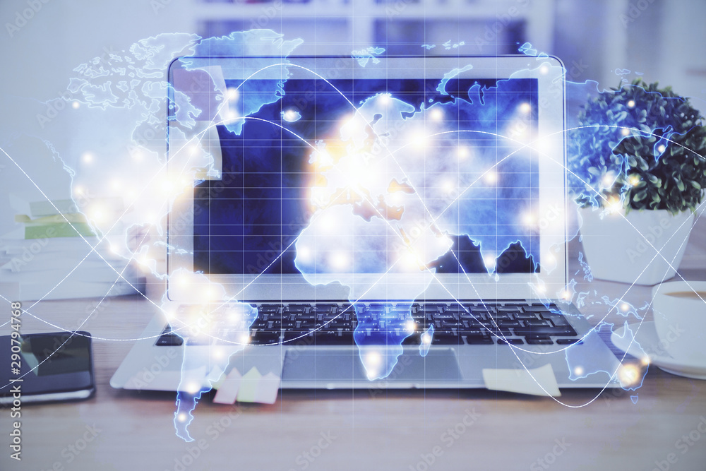 Multi exposure of business theme icons and table with computer background. Concept of success. Multi exposure of business theme icons and table with computer background. Concept of success.
