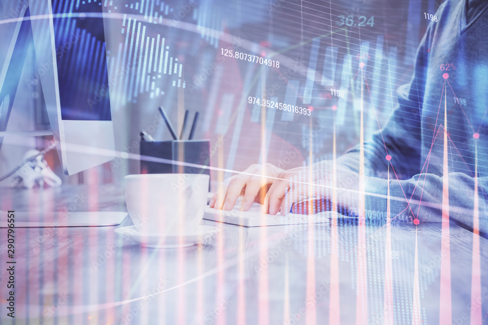 Double exposure of financial graph with man works in office on background. Concept of analysis.