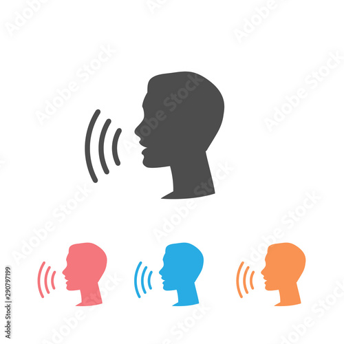 Voice control icon set. Speak or talk recognition linear icon, speaking and talking command, sound commander or speech dictator head, vector