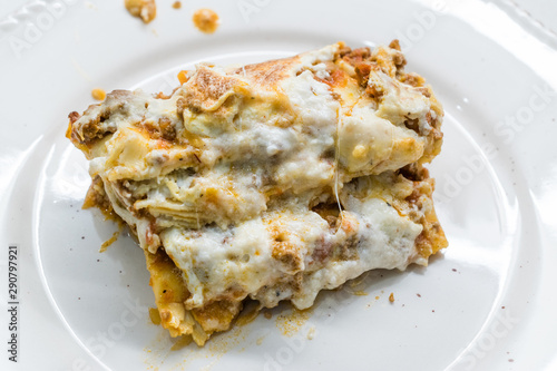 Lasagna with Minced Meat Beef and Bechamel Sauce in Plate. / Classic Italian Dish.
