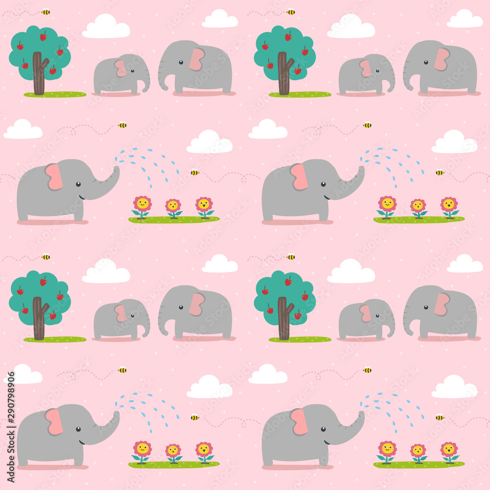 Fototapeta premium Seamless pattern cute elephan watering a flower.