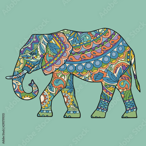 Vector silhouette of adult elephant, side view. Big elephant in motion. Colorful elephant in ethno style. A festive elephant on a green background. The silhouette is drawn manually.