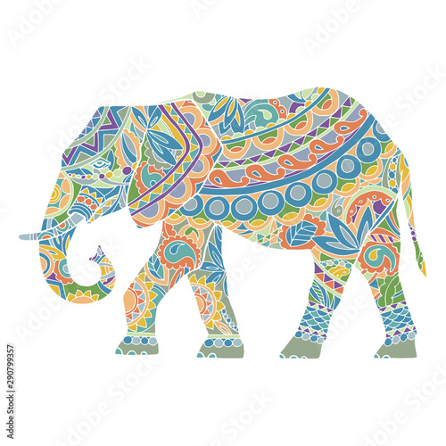 Vector silhouette of adult elephant, side view. Big elephant in motion. Colorful elephant in ethno style. A festive elephant on a white background. The silhouette is drawn manually.