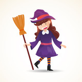 A cute little witch with a broom. Halloween witch kids costume character design vector on isolated background.