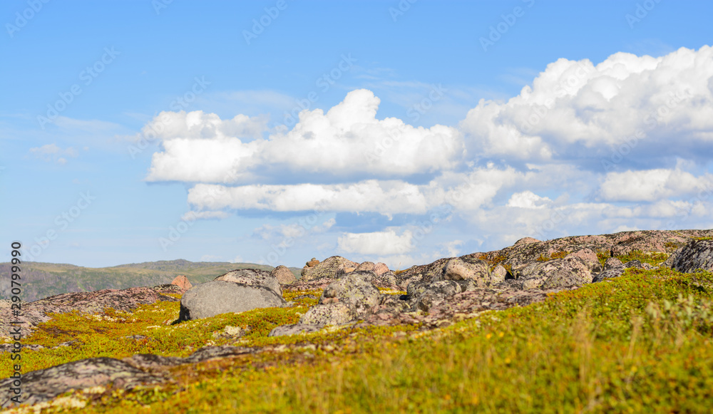 Huge rounded stones on backdrop of hills, small mountains and low Northern the sky. Over stones, hills and grass smoothly move huge white clouds Huge rounded stones on backdrop of hills, small mountains and low Northern the sky. Over stones, hills and grass smoothly move huge white clouds