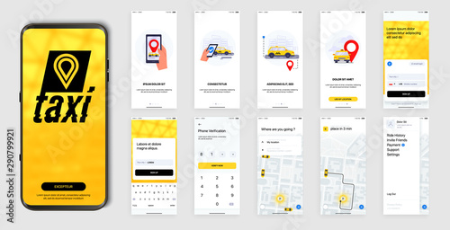 Design of the Mobile Application, UI, UX. Set of GUI Screens with Login and Password input, and screens with Taxi Orders and Car Navigation in the City