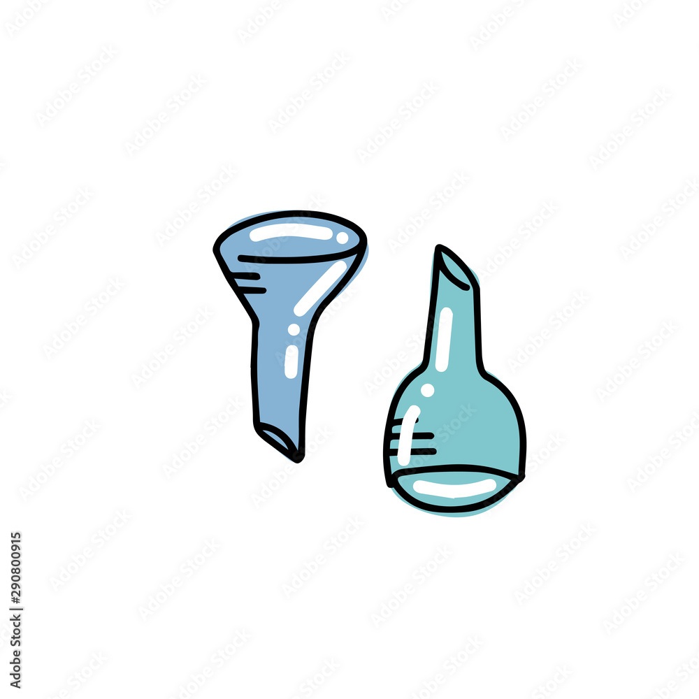Two funnels icon illustration. Chemical equipment in flat color outlined hand drawn childish doodle style. Color scribble print concept on white background. Kid chemistry and science Two funnels icon illustration. Chemical equipment in flat color outlined hand drawn childish doodle style. Color scribble print concept on white background. Kid chemistry and science