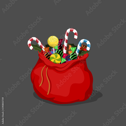 Christmas bag with candies. Santa's bagful with caramel and lollipop. Red sack in cartoon style