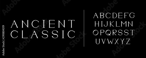 Classic white alphabet. Hand crafted serif font. Romanic typeface. Business presentable look. Business card alphabet.