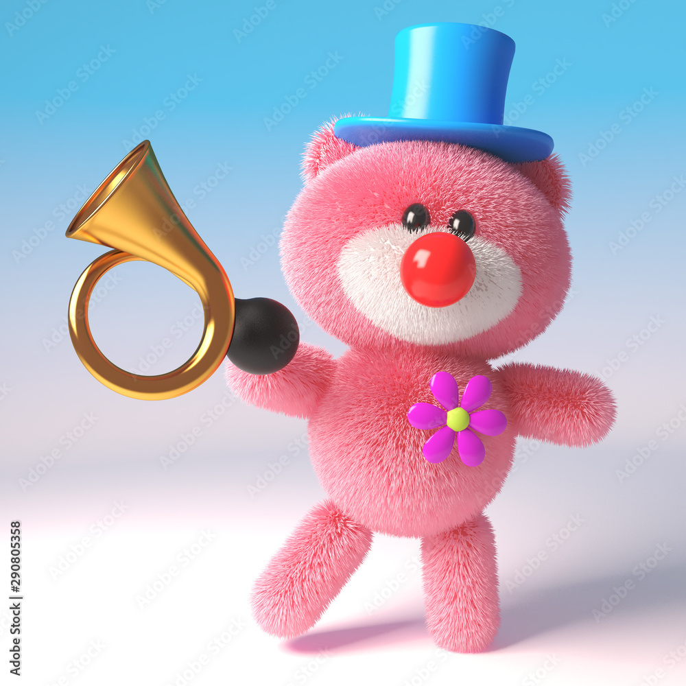 3d pink teddy bear cuddly toy dressed as a clown with red nose, top hat and  old car horn, 3d illustration ilustración de Stock | Adobe Stock