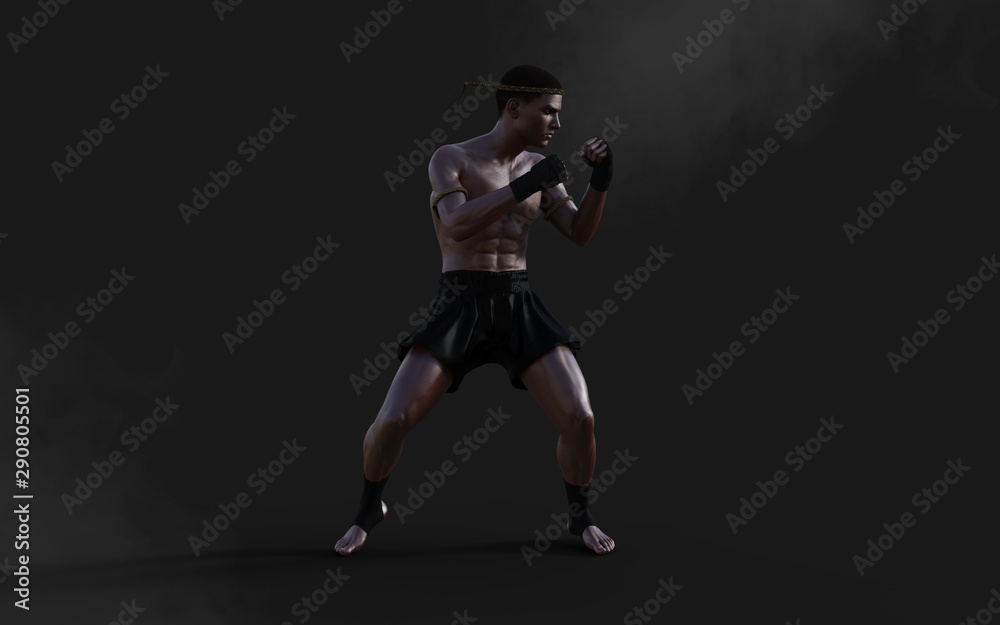 3d Illustration Human Martial Arts Sports Training with Clipping Path, Kick Boxing, Muscle Man in Dark Background.