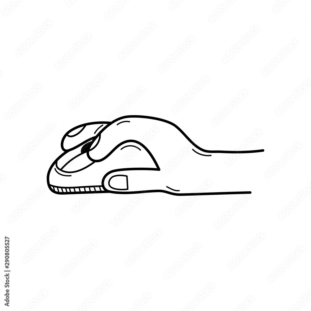 Hand drawn Hand holds PC mouse isolated on a white. Sketch. Vector illustration. Hand drawn Hand holds PC mouse isolated on a white. Sketch. Vector illustration.