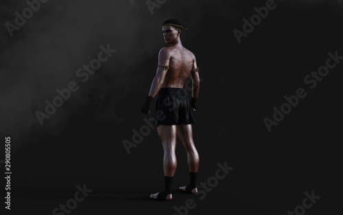 Fototapeta Naklejka Na Ścianę i Meble -  3d Illustration Human Martial Arts Sports Training with Clipping Path, Kick Boxing, Muscle Man in Dark Background.