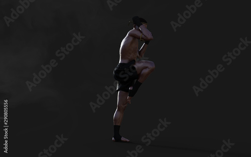 3d Illustration Human Martial Arts Sports Training with Clipping Path, Kick Boxing, Muscle Man in Dark Background.
