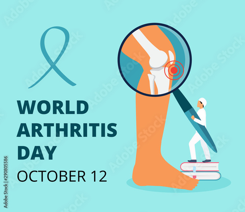 World arthritis day in October. Tiny doctors treat rheumatism, osteoarthritis. Healthcare flat concept vector