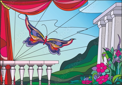 Colorful illustration, in stained glass style - landscape with flowers and columns against the sky and mountains