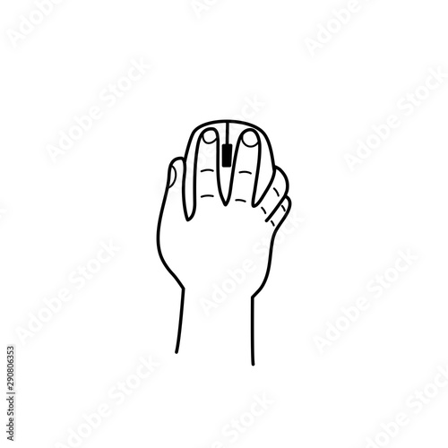 Hand drawn Hand holds PC mouse isolated on a white. Sketch. Vector illustration.