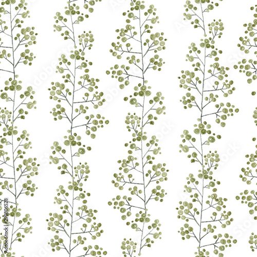 green leaves branches and flowers, freehand drawing in pencil illustration, seamless pattern