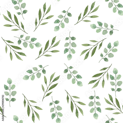 Background from a pattern of watercolor green leaves on a white background. Background for invitations to holidays, birthdays and weddings