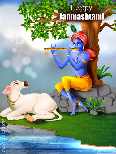 easy to edit vector illustration of Lord Krishna playing flute on Happy Janmashtami holiday Indian festival greeting background