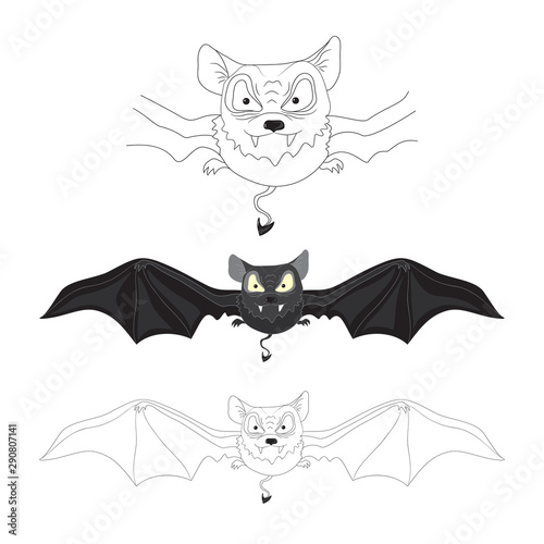 Illustration of bats for animation, set for Halloween design, night bat for flyer decoration, invitation card, covers