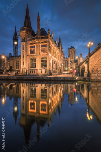 Historical buildings with reflection during twilight at Gent, Belgium