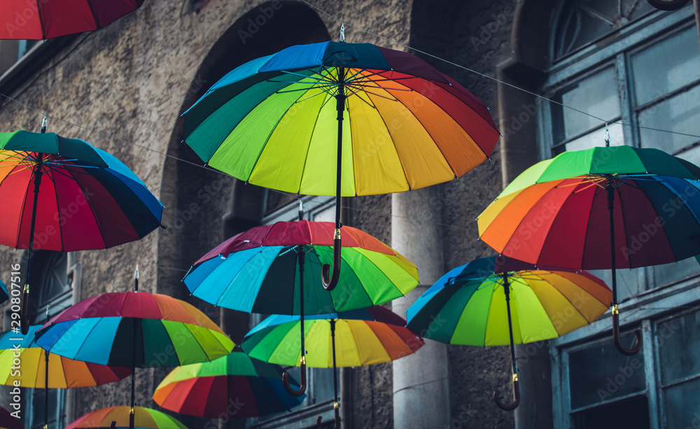 beautiful umbrellas in a European city