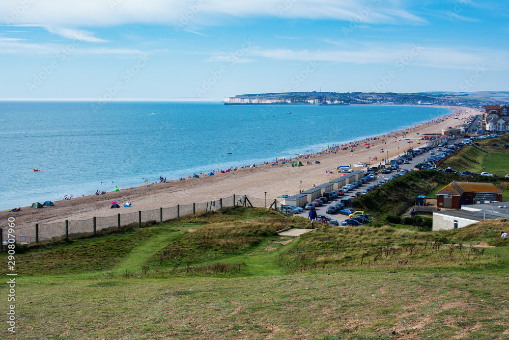 View of Seaford town from cliff tops, blue sea, Newhaven on the background, selective focus