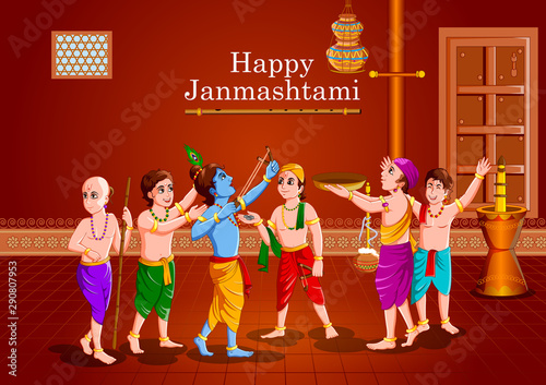 easy to edit vector illustration of Lord Krishna with friends eating makhan cream on Happy Janmashtami holiday Indian festival greeting background