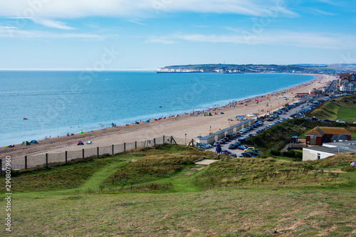 View of Seaford town from cliff tops  blue sea  Newhaven on the background  selective focus