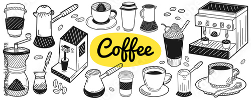 Hand drawn coffee elements. Set for menu decoration, websites, banners, presentations, backgrounds, posters, blogs and social networks. Vector illustration.