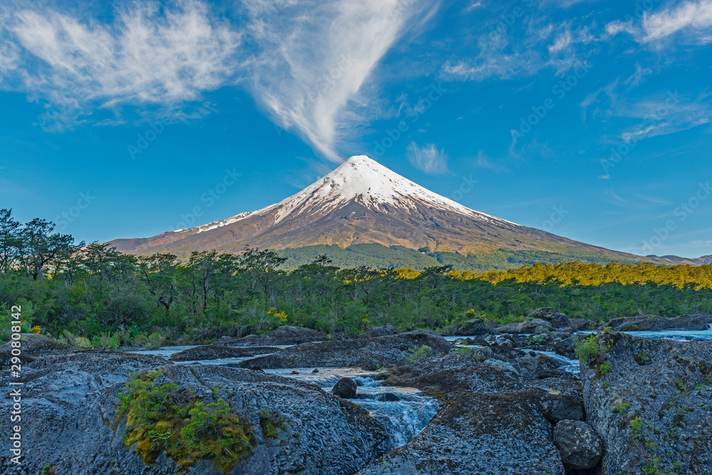 Sunrise by the Osorno volcano with the Petrohue waterfalls and river, Chilean Lake District near Puerto Varas and Puerto Montt, South Chile.