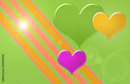 Abstract vibrant background with hearts and stripes of green purple orange and pink