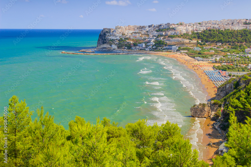Panoramic view of the bay of Peschici: the marina and the sandy beach, Italy (Puglia). Peschici is famous for its seaside resorts, its territory belongs to the Gargano National Park.