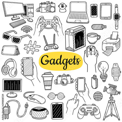 Big collection of gadgets elements. Technology concept. Hand drawn sketch. Vintage vector engraving illustration for poster, web.